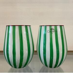Cabana Green Striped Stemless Wine Glasses 17oz Set of 2 Holiday BarwareNEW